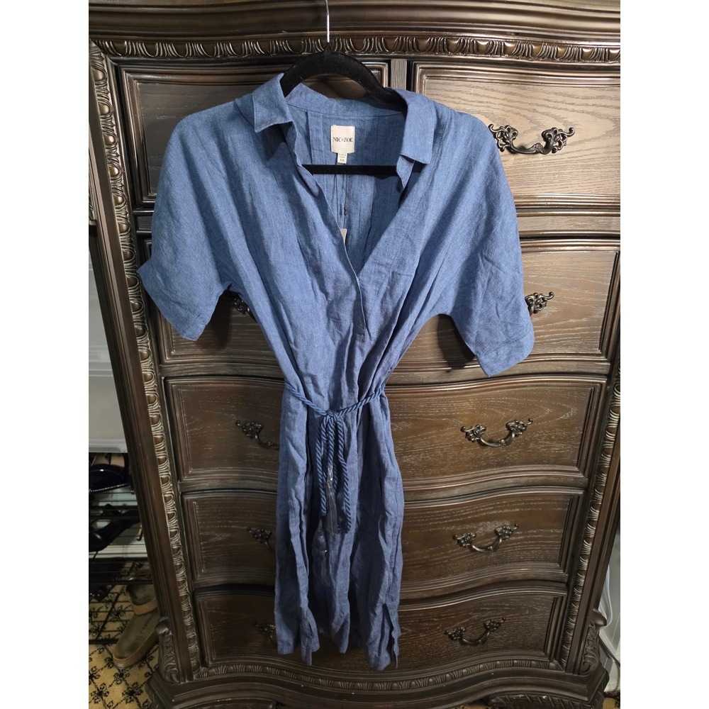 NIC+ZOE Blue Linen Blend Rope Tie Belt Shirt Dress XS M251905 NWT